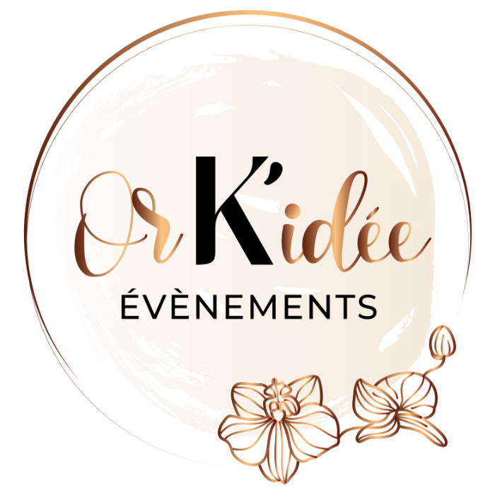 Logo Or K'idée Évènements rond doré avec orchidées en pourtour